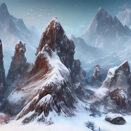 Display the serenity of a snow-covered mountain landscape in winter, perhaps with a majestic peak in the background.