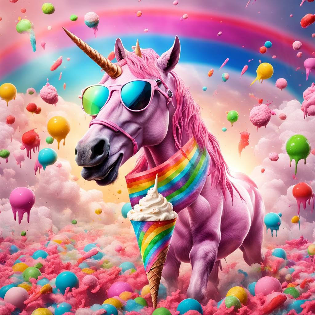 Pink Unicorn with Ice Cream and Rainbow