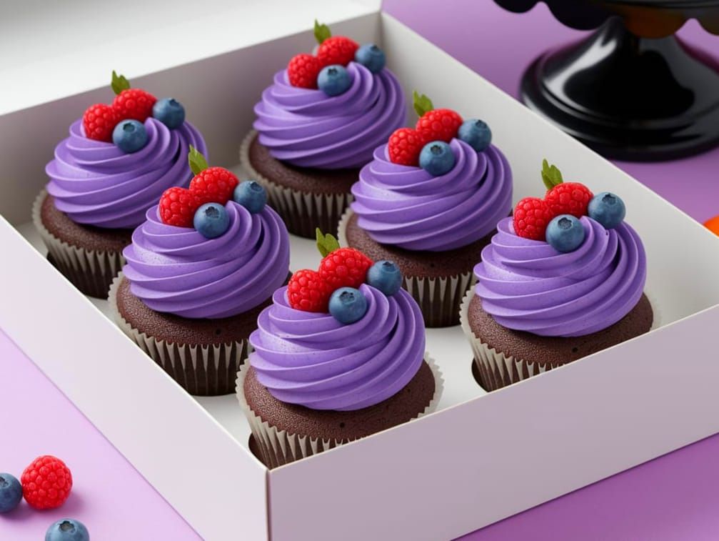 Delicious Chocolate Cupcakes with Purple Frosting and Fresh ...