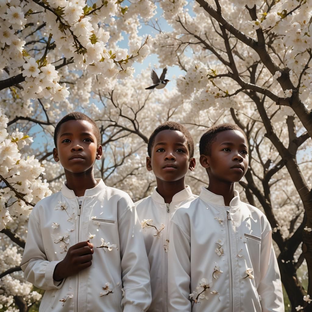 Twin Boys Under Blossoms: A Photorealistic Portrait
