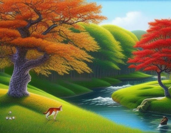 Fairytale Riverbank Scene in Rich Colors, Detailed Carvings
