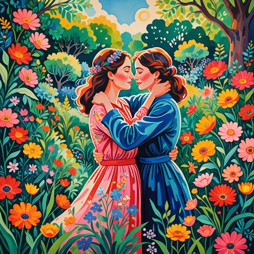Whimsical Garden Romance in Vibrant Gouache