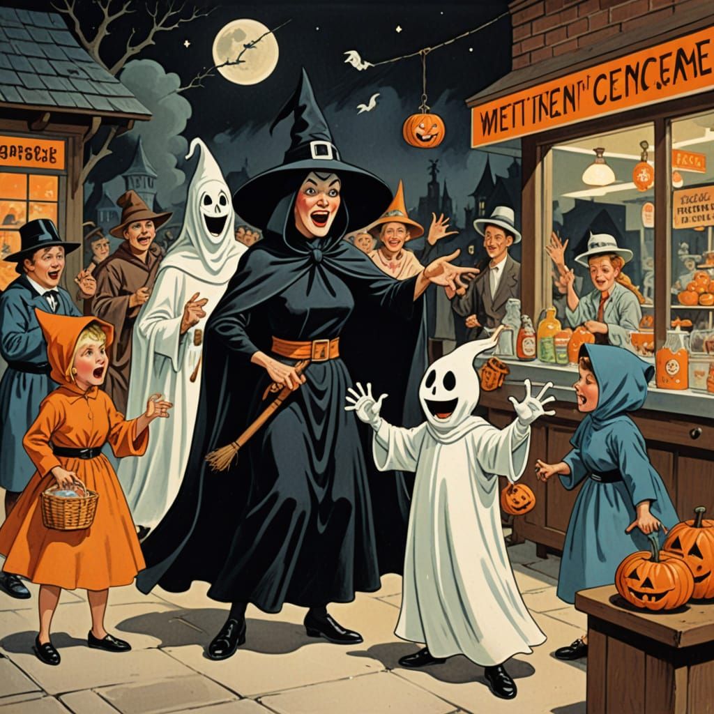 Witch Greets Costumed Kids in Mid-Century Caricature Style