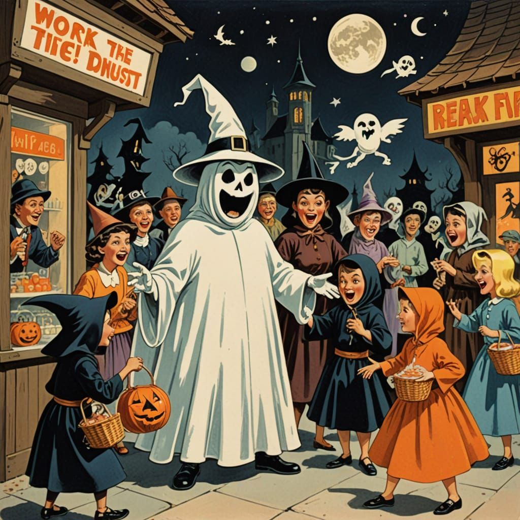 Witch Confronts Costumed Children in Retro Caricature Style