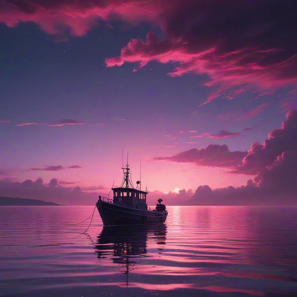 Synthwave Fishing Boat Under Bioluminescent Sky