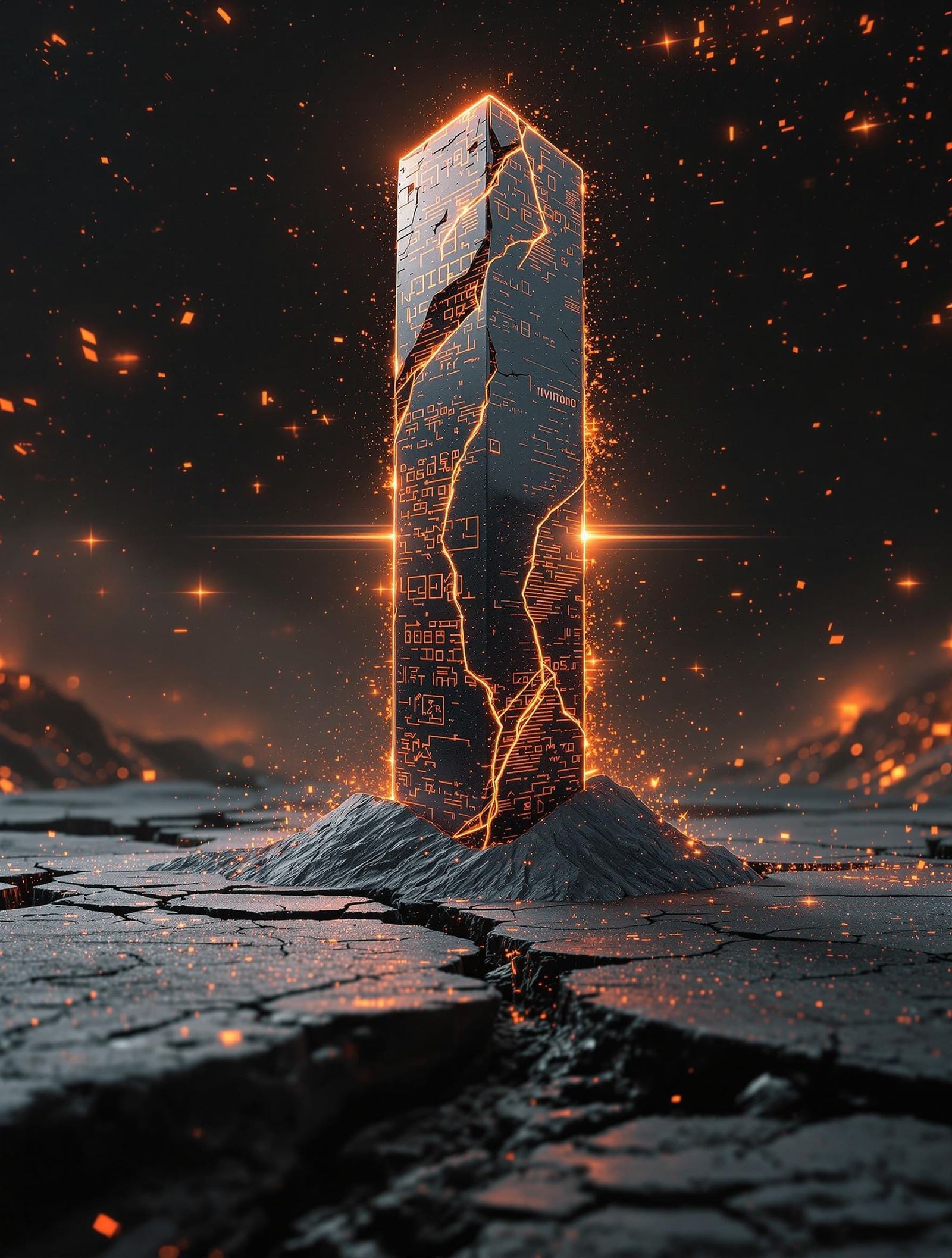 Fractured Monolith in Surreal Tech-Noir Style
