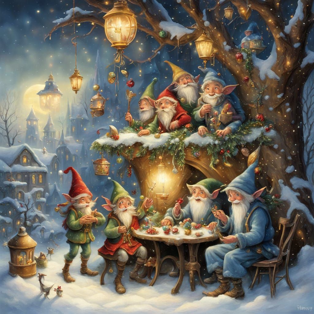 Whimsical Christmas Elves in Cozy Heavenly Scene