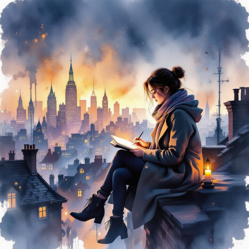 Woman Sketching Cityscape from Rooftop in Watercolor
