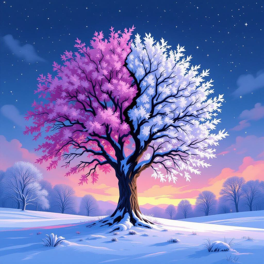 Mystical Twilight Tree: Spring Blossoms Meet Winter Frost