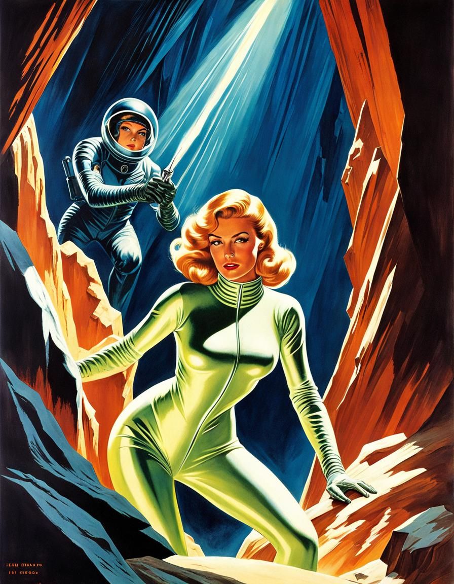 Woman Exploring Crystal Caves in Mid-Century Modern Style