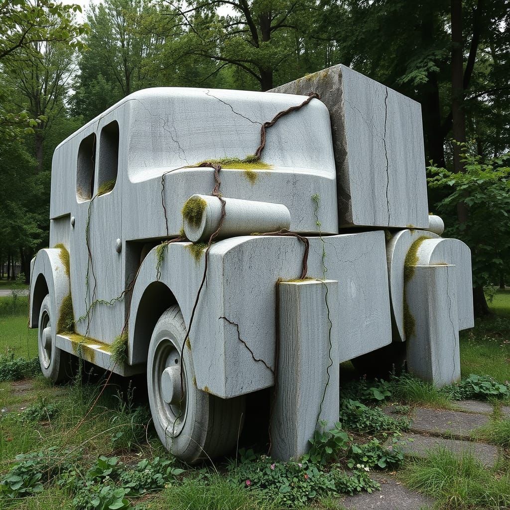 Blocky Soviet Car Sculpture in Neglected Monumentalism