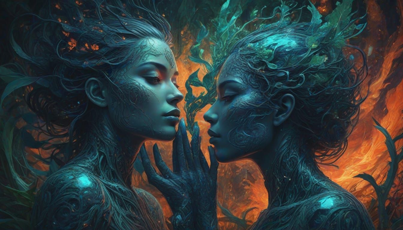 Fiery Humanoid Figures Blaze with Intense Passion in a Vibra...