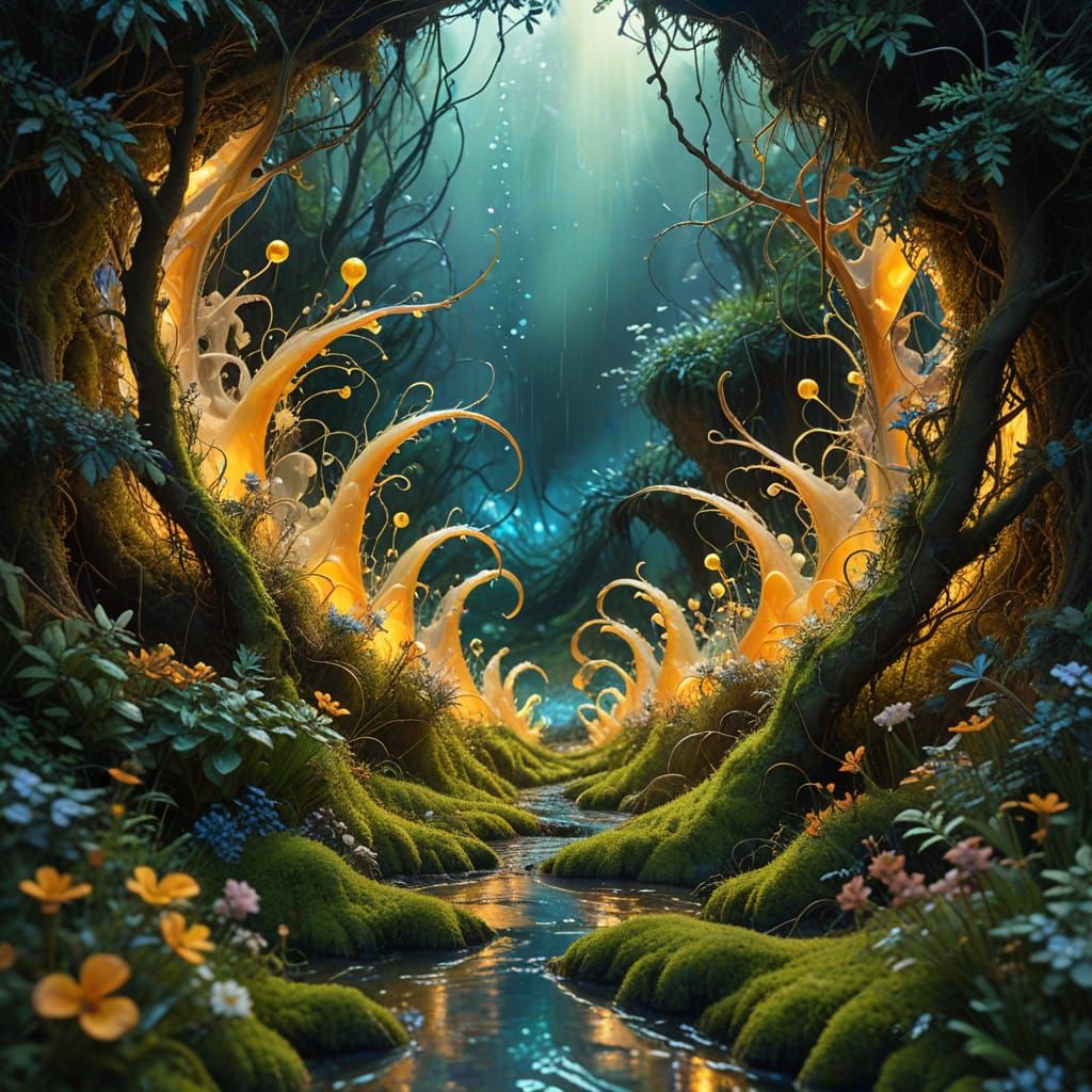 Surrealistic Abstract Landscape with Iridescent Web