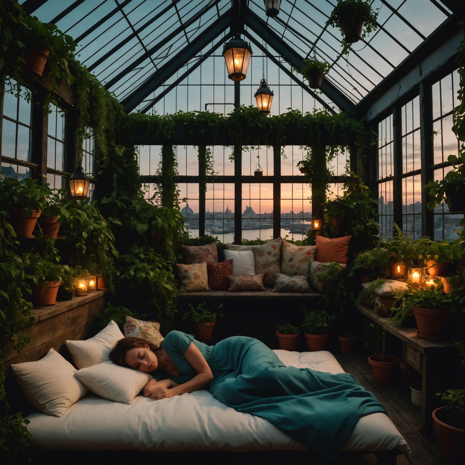 Rooftop Greenhouse Oasis with Victorian Harbor View