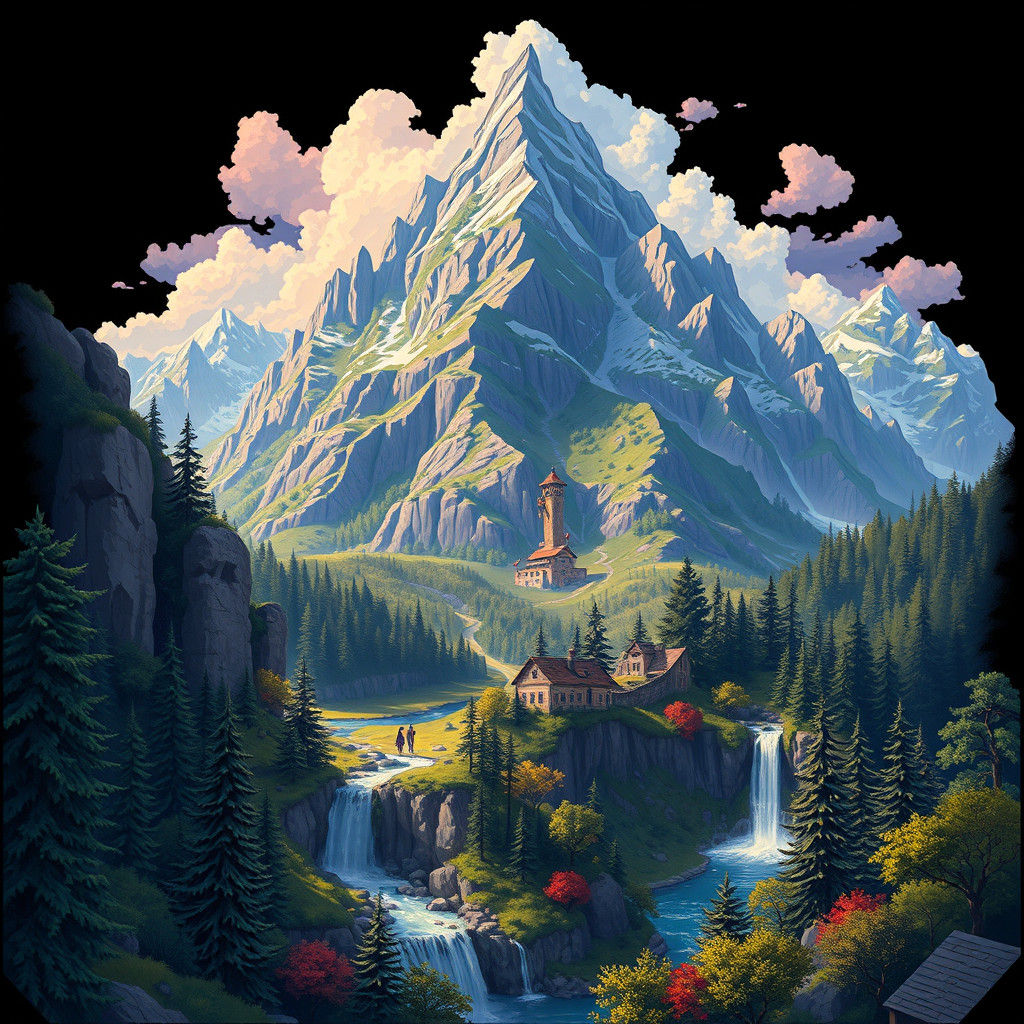Vibrant Storybook Landscape of Mystical Mountains