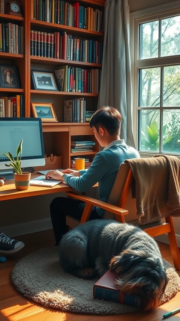 Cozy Workspace Scene with Boy and Schnauzer