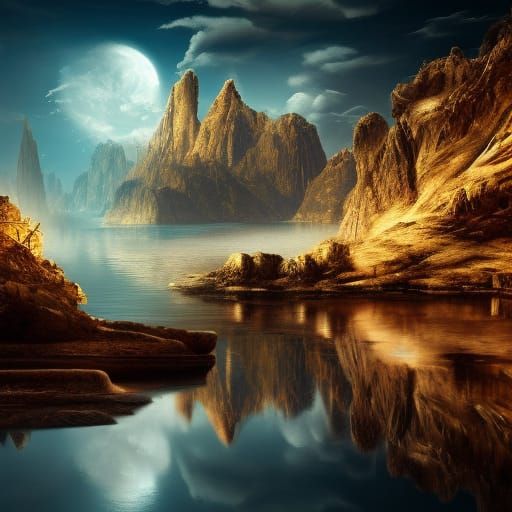 Silver Clock at Dawn: Lake and Mountains