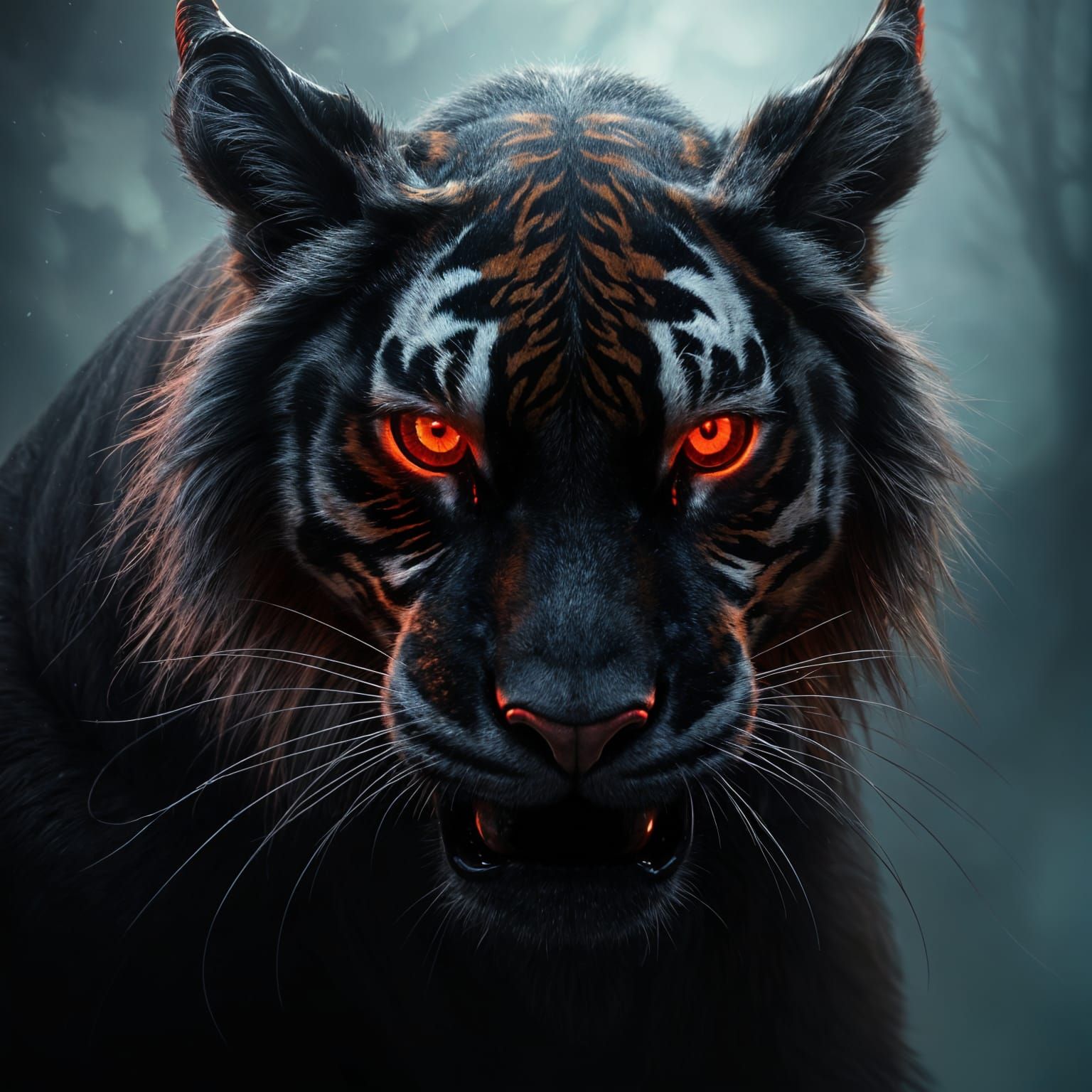 Demonic Black Tiger Portrait in Hyperdetailed Digital Art