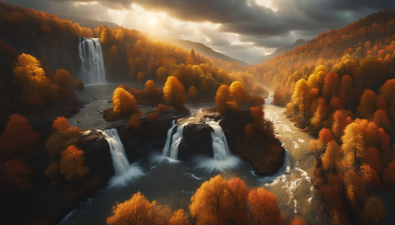 Stormy Sky over Autumn Waterfalls: Digital Matte Painting