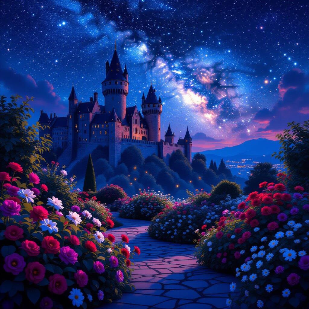 Fantasy Flower Garden at Night with Medieval Castle