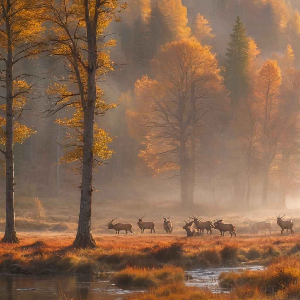Elk Herd in Autumn Valley: Oil Painting Panorama