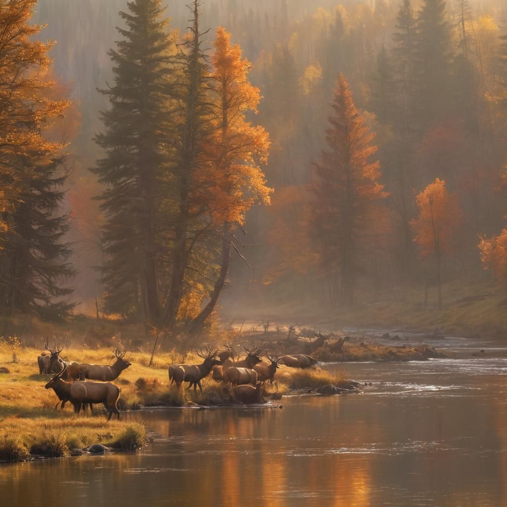 Elk Herd in Autumn Valley: Bierstadt-Inspired Oil Painting