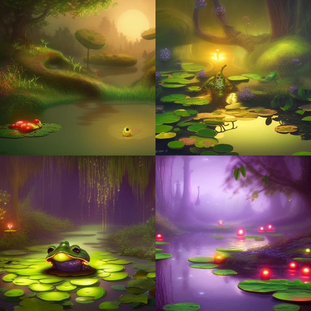Cute Frog on Lily Pad in Glowing Pond