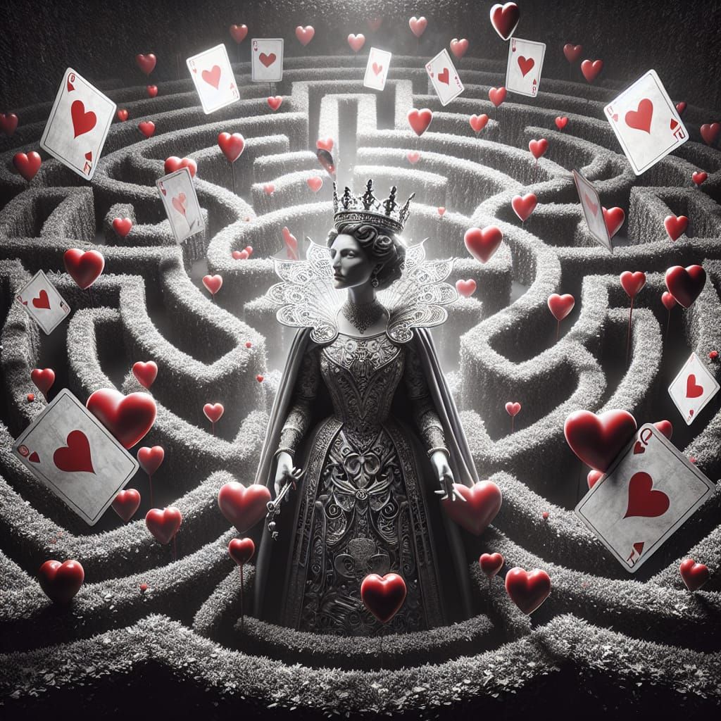 Regal Heart Queen in Maze, Photorealistic Black and White