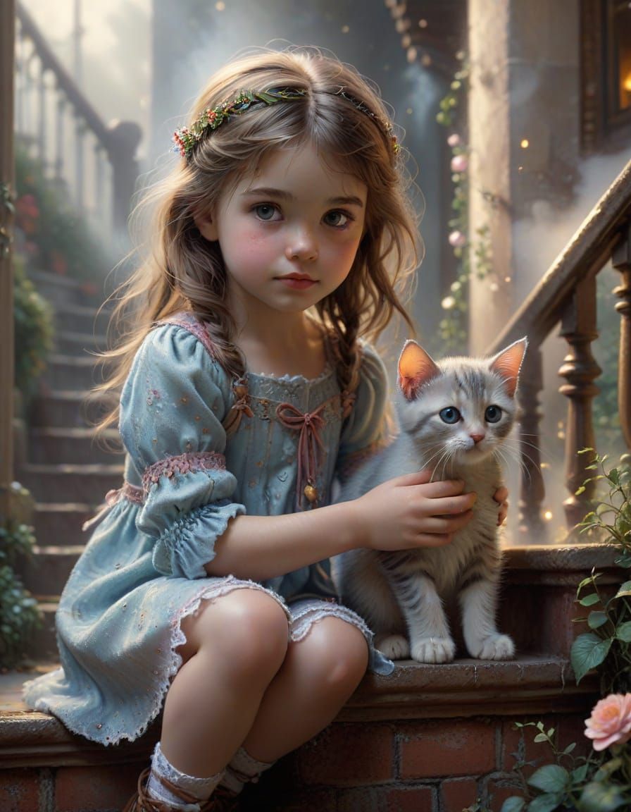 Ethereal Fantasy: Girl and Kitten on Staircase