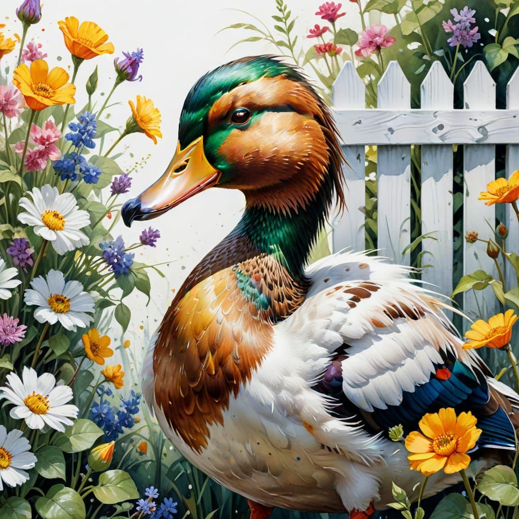 Duck, white fence, garden, flowers, Style Joachim Beuckelaer, stylised watercolor, white background. Elegance, vibrancy ...