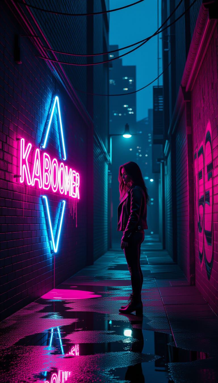 Neon "KABOOMER" in Urban Alleyway, Synthwave Style