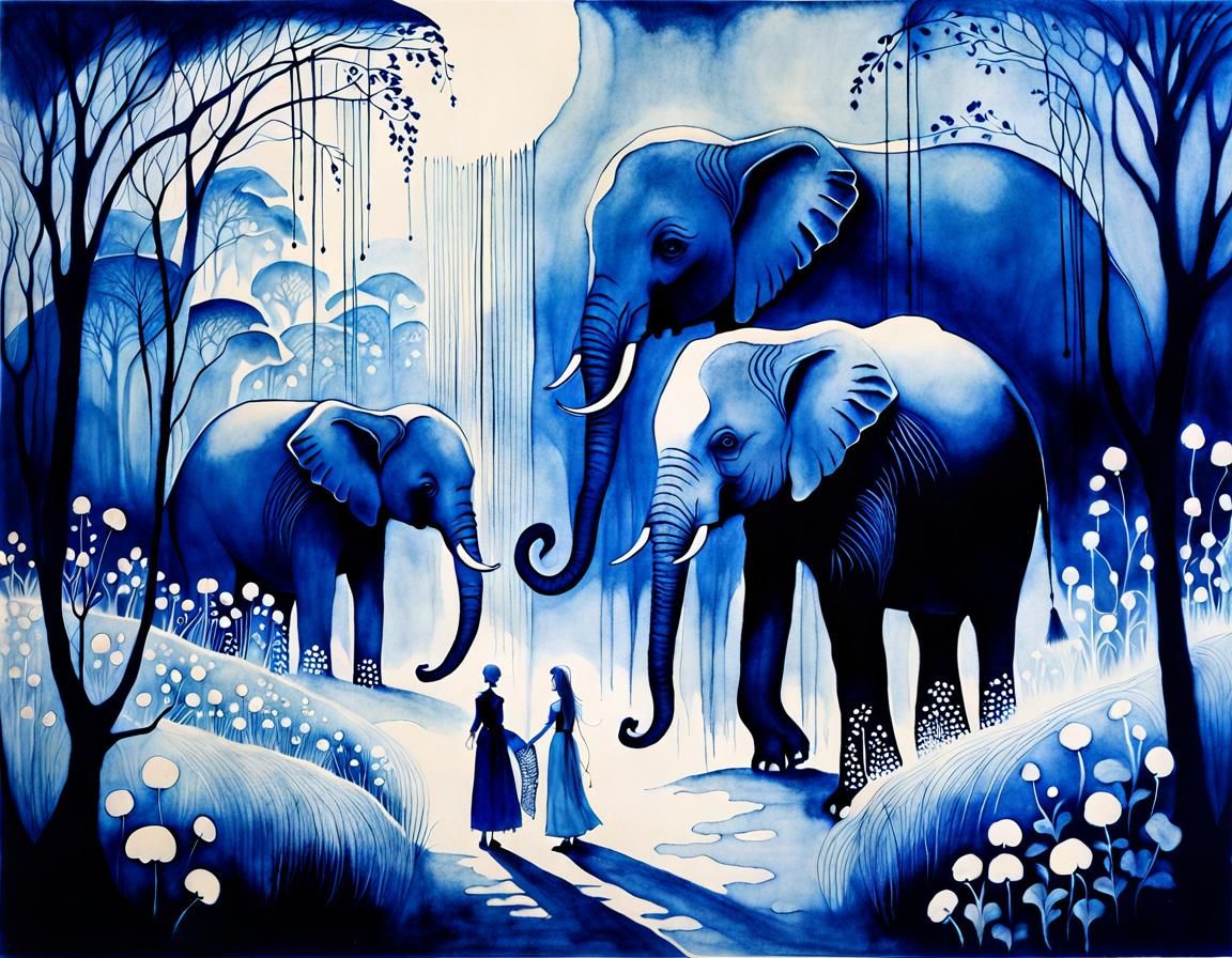 Elephants in the Garden: Cyanotype Style