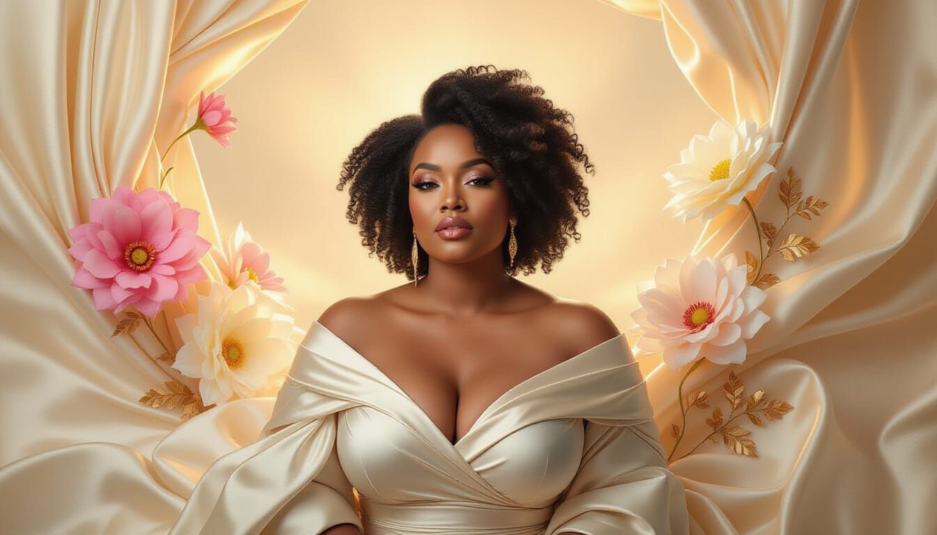 Radiant Woman in Cinematic Dreamscape with Symbolic Blooms