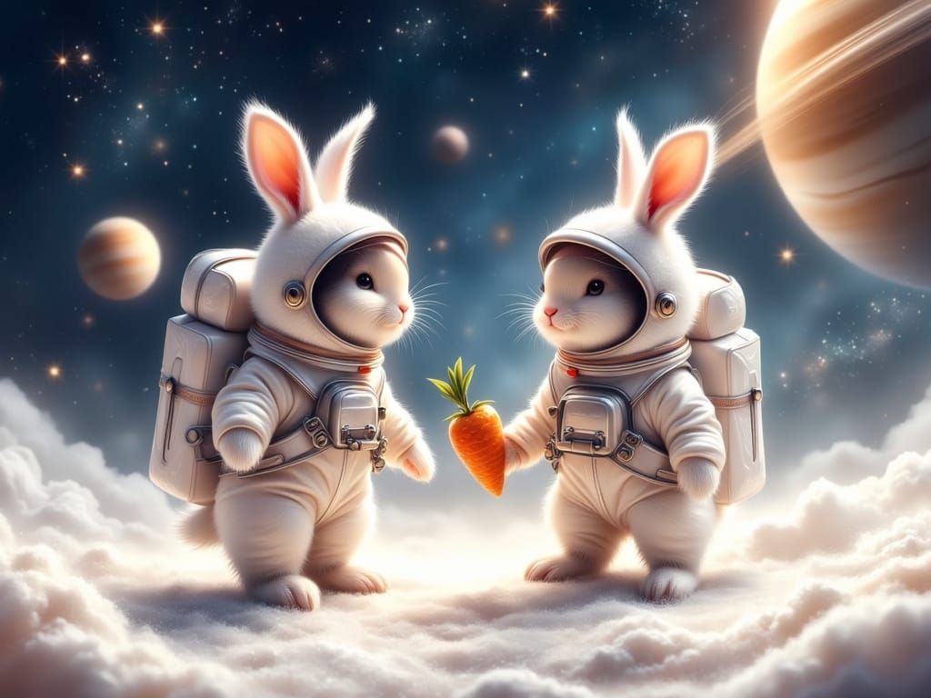 Cosmic Bunnies Explore Saturn's Moon in a Vibrant Digital Ar...
