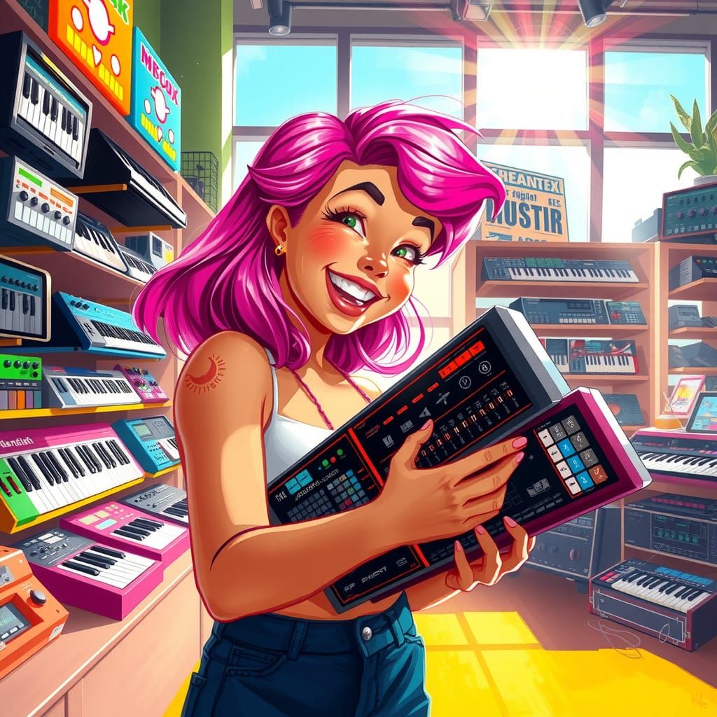 Woman Buys Synthesizers in Vibrant Music Store
