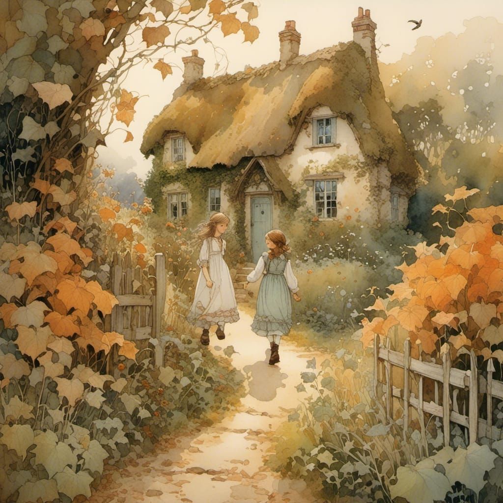 Charming Autumn Cottage Watercolor Painting of Two Girls