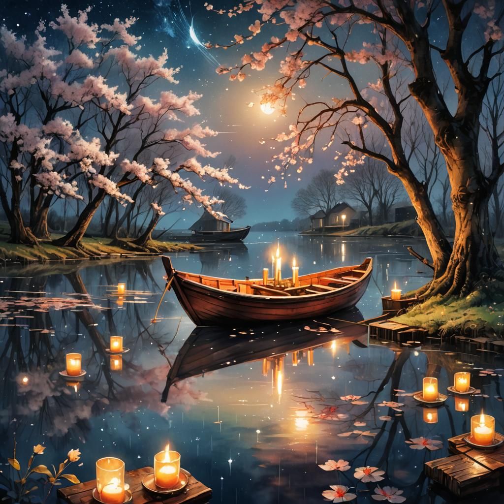 Romantic Candlelight Dinner on Lake: Watercolor Painting