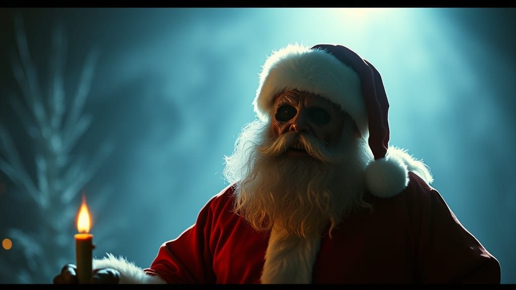 Spooky Santa Cinematic Film Still with Dramatic Horror Light...