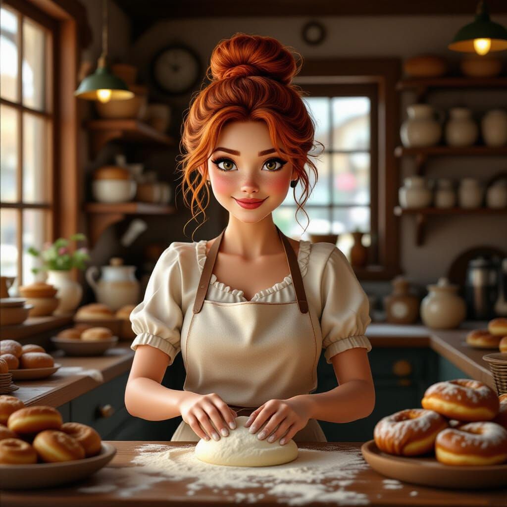 Dwarf Baker with Fiery Hair in Cozy Bakery