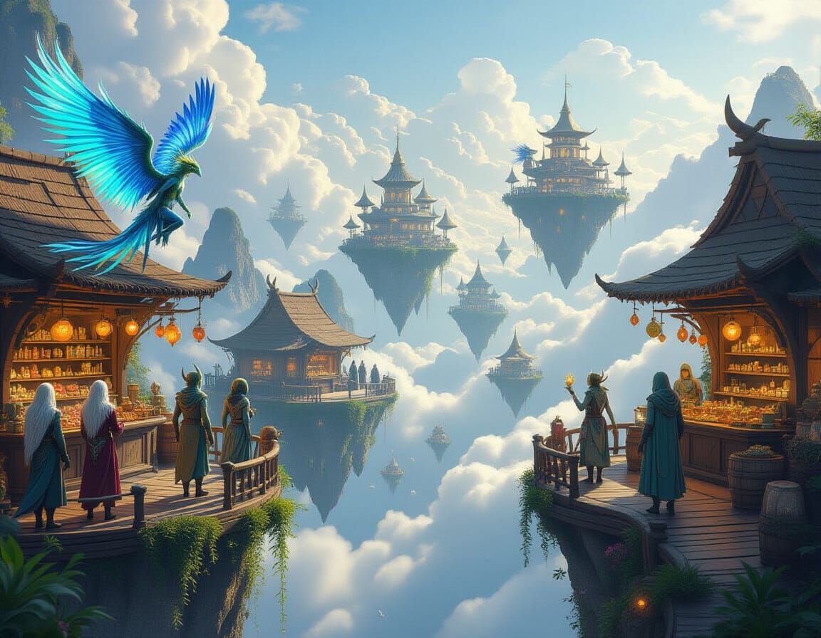 Bustling Sky Bazaar with Winged and Horned Merchants