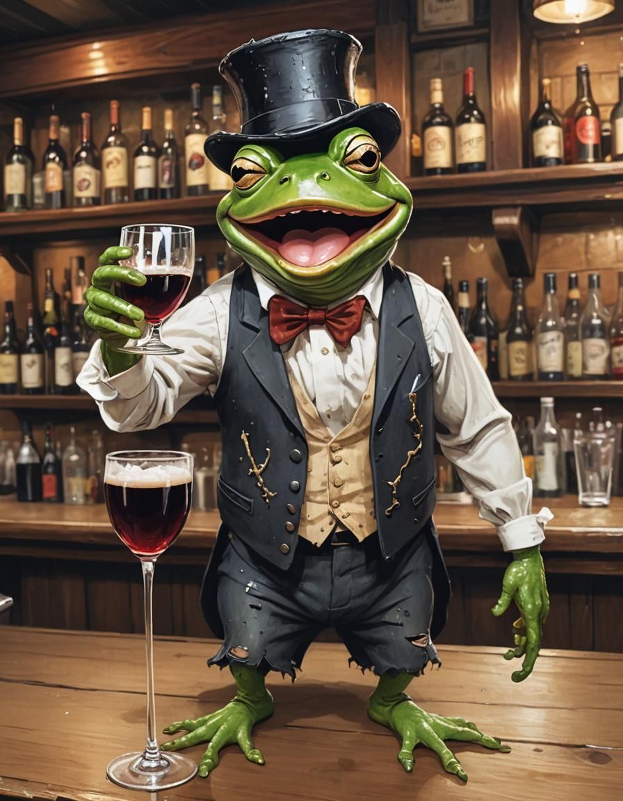 Drunk Frog Laughing at Bar With Drinks