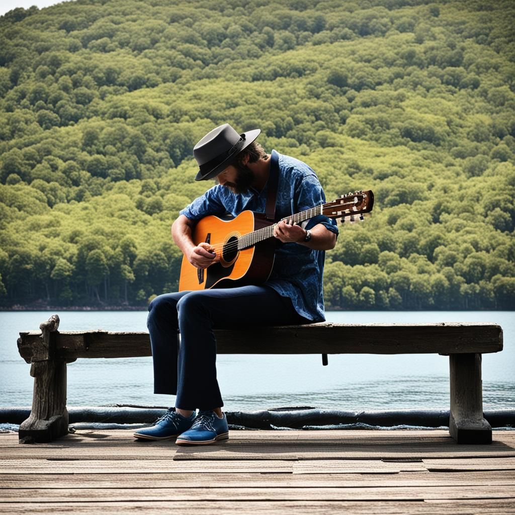 Person Sitting on Dock of the Bay with Guitar