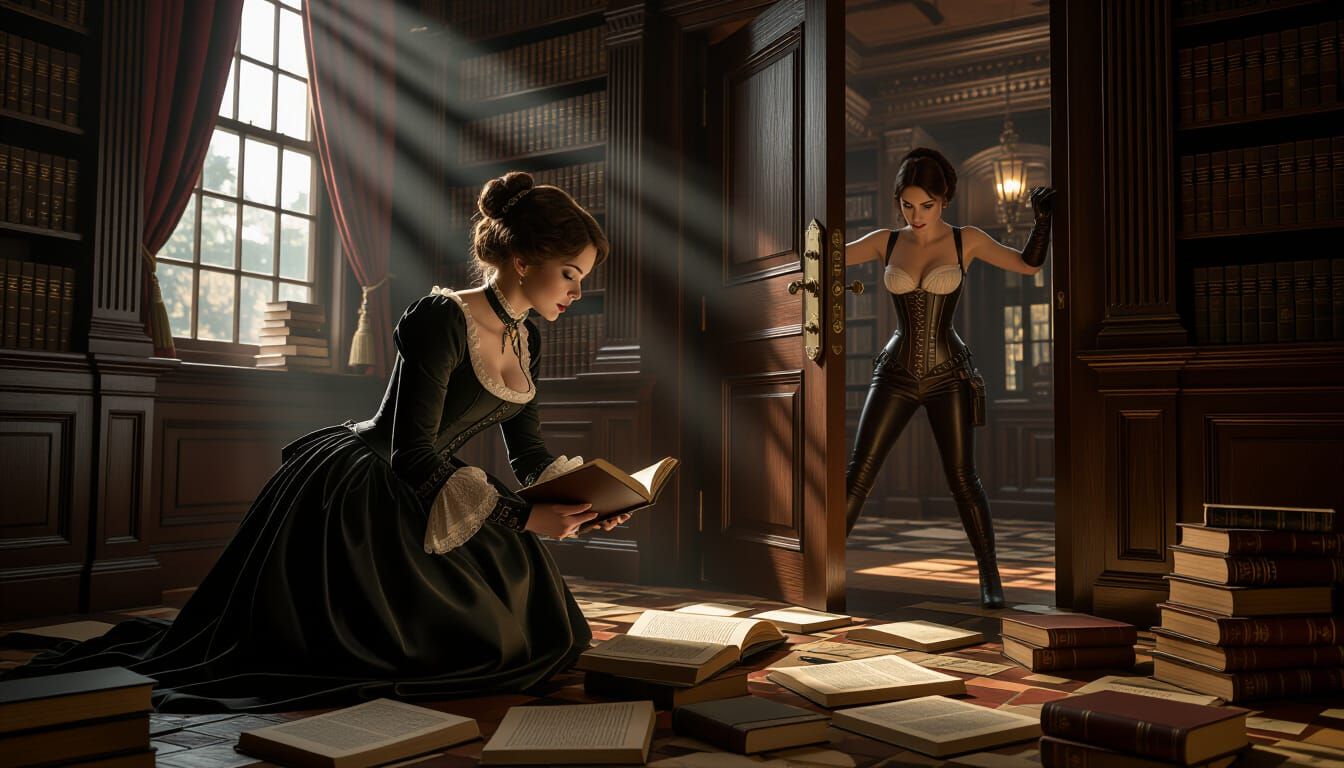 Victorian Woman Searches Library Amidst Steampunk Chaos