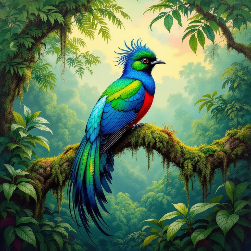 Quetzal Bird in Tropical Forest, Romantic Style