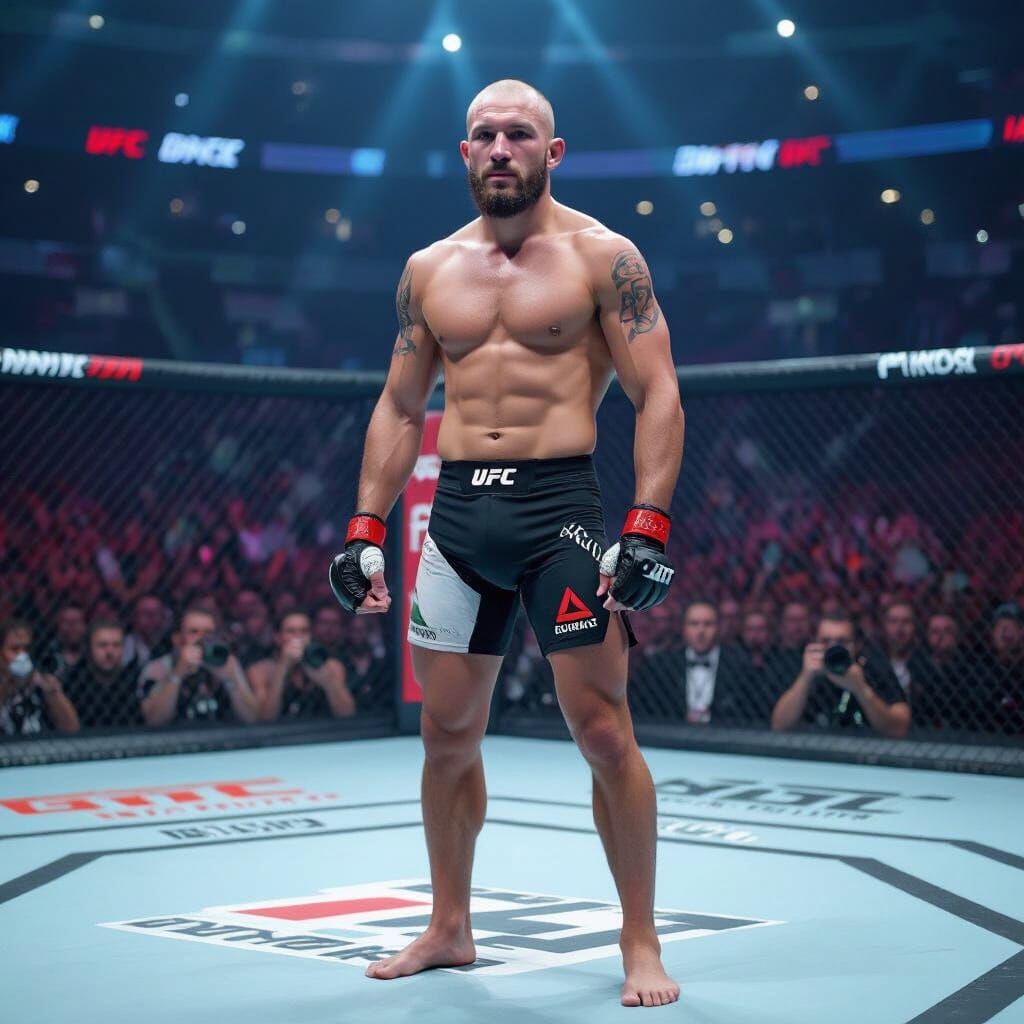 Khamzat Chimaev in Octagon, Gritty Photorealistic Style