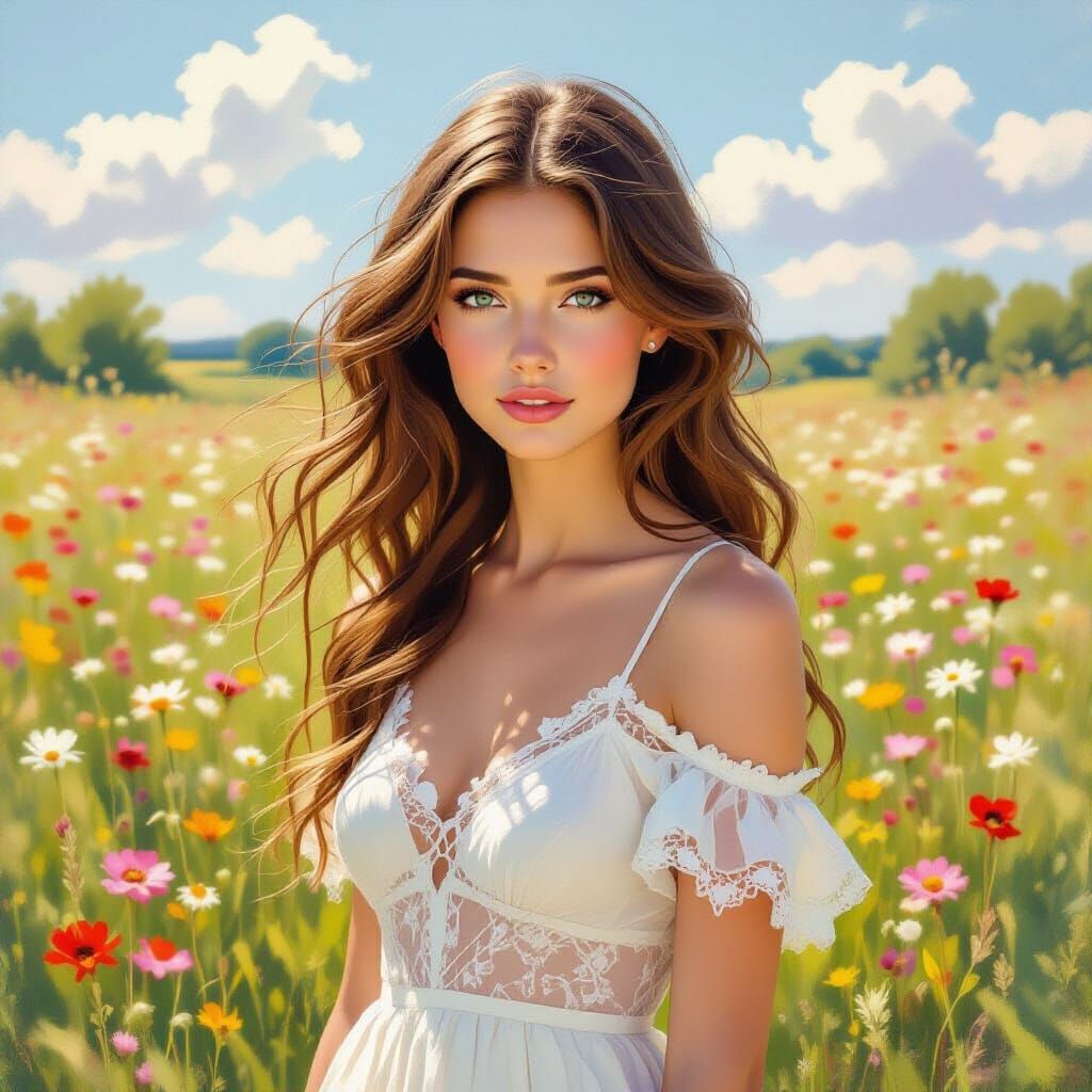 Auburn Haired Woman in Wildflower Meadow, Impressionistic St...