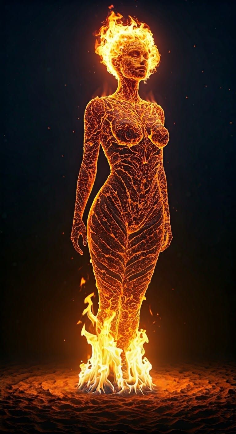 Fiery Woman in the Night Sky: Photorealistic Art