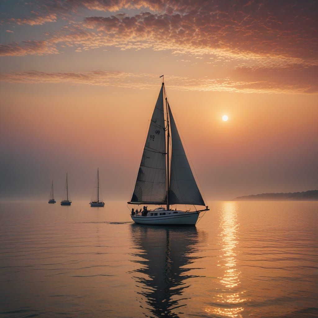 Sunrise Over Foggy Sea with Sailboat in Oil Painting Style