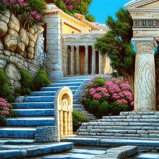 Majestic Ancient Greek Town with Baskets of Flowers