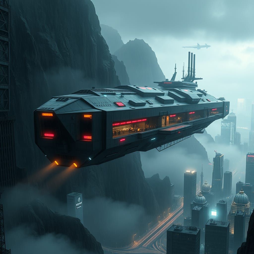 Gargantuan Flying Cougar-Lion Hybrid Craft in Dystopian City...